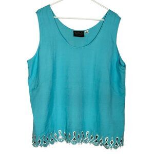NWOT Bob Mackie Wearable Art Linen Blend Tank Embroidered Eyelet Blue Size 1X